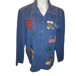 Victoria Jones Christmas Womens Medium Blue Denim Shirt Embroidered Long Sleeve